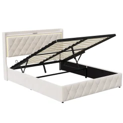Simple Life Lit Coffre 140x200 Cm, Lit Capitonné Avec Rangement Et USB De Type C, LED, Velours, Beige