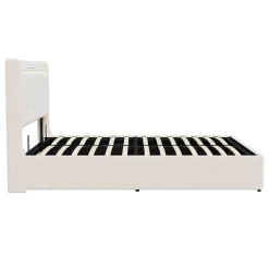 Simple Life Lit Coffre 140x200 Cm, Lit Capitonné Avec Rangement Et USB De Type C, LED, Velours, Beige
