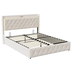 Simple Life Lit Coffre 160x200 Cm, Lit Capitonné Avec Rangement Et USB De Type C, LED, Velours, Beige