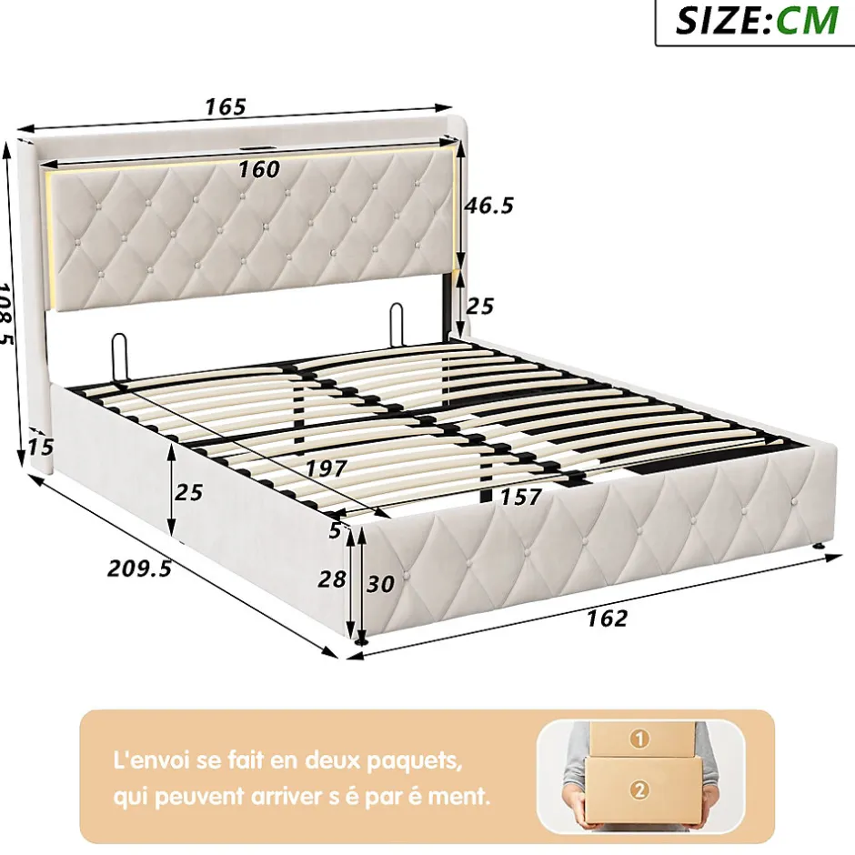 Simple Life Lit Coffre 160x200 Cm, Lit Capitonné Avec Rangement Et USB De Type C, LED, Velours, Beige