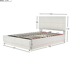 Simple Life Lit coffre 140x190 cm, Lit doub LED capitonné relevable hydraulique avec sommier à lattes, Blanc