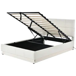 Simple Life Lit coffre 140x190 cm, Lit doub LED capitonné relevable hydraulique avec sommier à lattes, Blanc