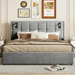 ProximaX Lit coffre 160x200 cm, Lit double avec rangement et sommier à lattes, tissu en velours, lumière de lecture, Gris Hot