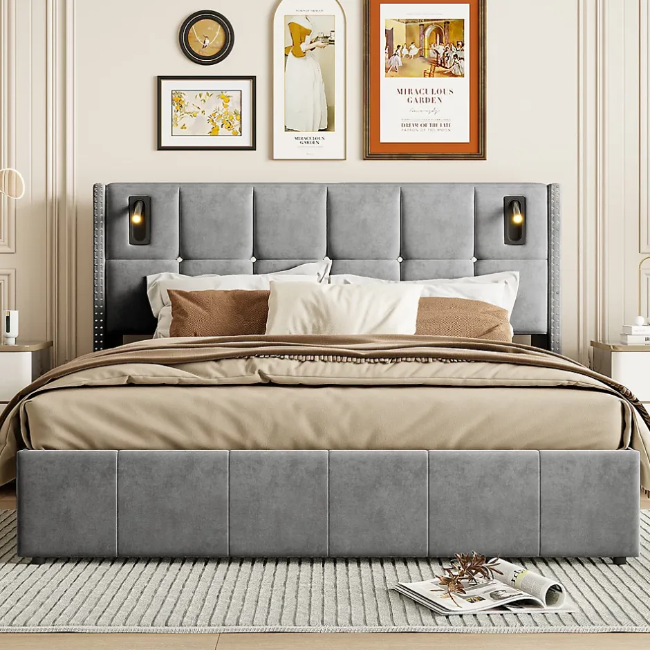 ProximaX Lit coffre 160x200 cm, Lit double avec rangement et sommier à lattes, tissu en velours, lumière de lecture, Gris Hot