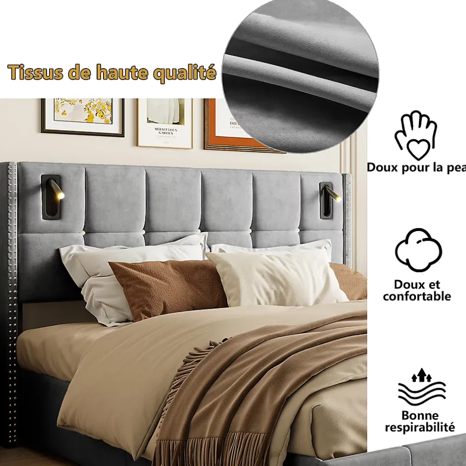 ProximaX Lit coffre 160x200 cm, Lit double avec rangement et sommier à lattes, tissu en velours, lumière de lecture, Gris Hot