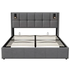 ProximaX Lit coffre 160x200 cm, Lit double avec rangement et sommier à lattes, tissu en velours, lumière de lecture, Gris Hot