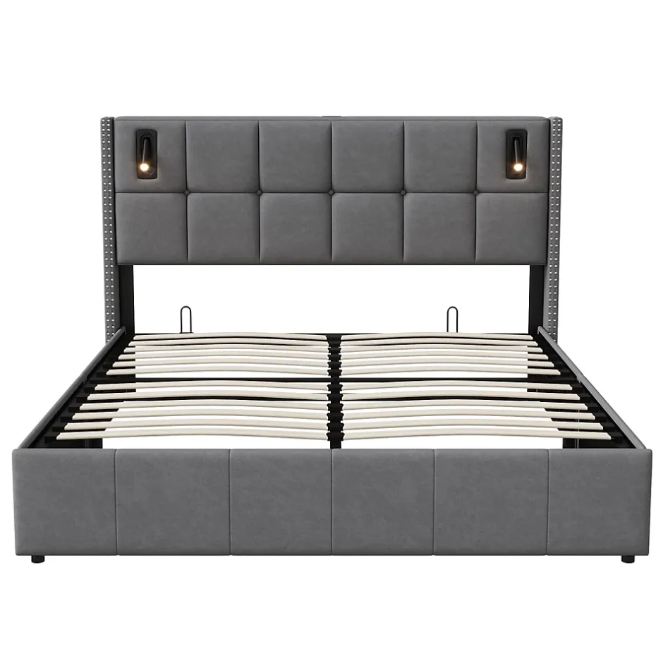 ProximaX Lit coffre 160x200 cm, Lit double avec rangement et sommier à lattes, tissu en velours, lumière de lecture, Gris Hot