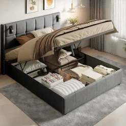 ProximaX Lit coffre 160x200 cm, Lit double avec rangement et sommier à lattes, tissu en velours, lumière de lecture, Gris Hot
