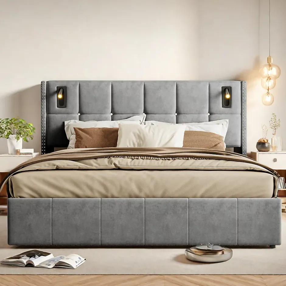ProximaX Lit coffre 160x200 cm, Lit double avec rangement et sommier à lattes, tissu en velours, lumière de lecture, Gris Hot