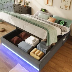 Okwish Lit Coffre 140x200 cm, Lit Double Ado avec LED et Ports USB Type-C, Structure MDF et Revêtement Lin, Sans Matelas - Beige