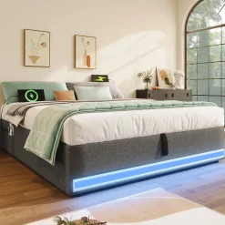Okwish Lit Coffre 140x200 cm, Lit Double Ado avec LED et Ports USB Type-C, Structure MDF et Revêtement Lin, Sans Matelas - Beige