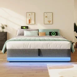 Okwish Lit Coffre 140x200 cm, Lit Double Ado avec LED et Ports USB Type-C, Structure MDF et Revêtement Lin, Sans Matelas - Beige