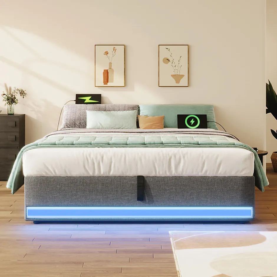 Okwish Lit Coffre 140x200 cm, Lit Double Ado avec LED et Ports USB Type-C, Structure MDF et Revêtement Lin, Sans Matelas - Beige