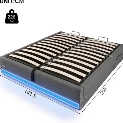 Okwish Lit Coffre 140x200 cm, Lit Double Ado avec LED et Ports USB Type-C, Structure MDF et Revêtement Lin, Sans Matelas - Beige
