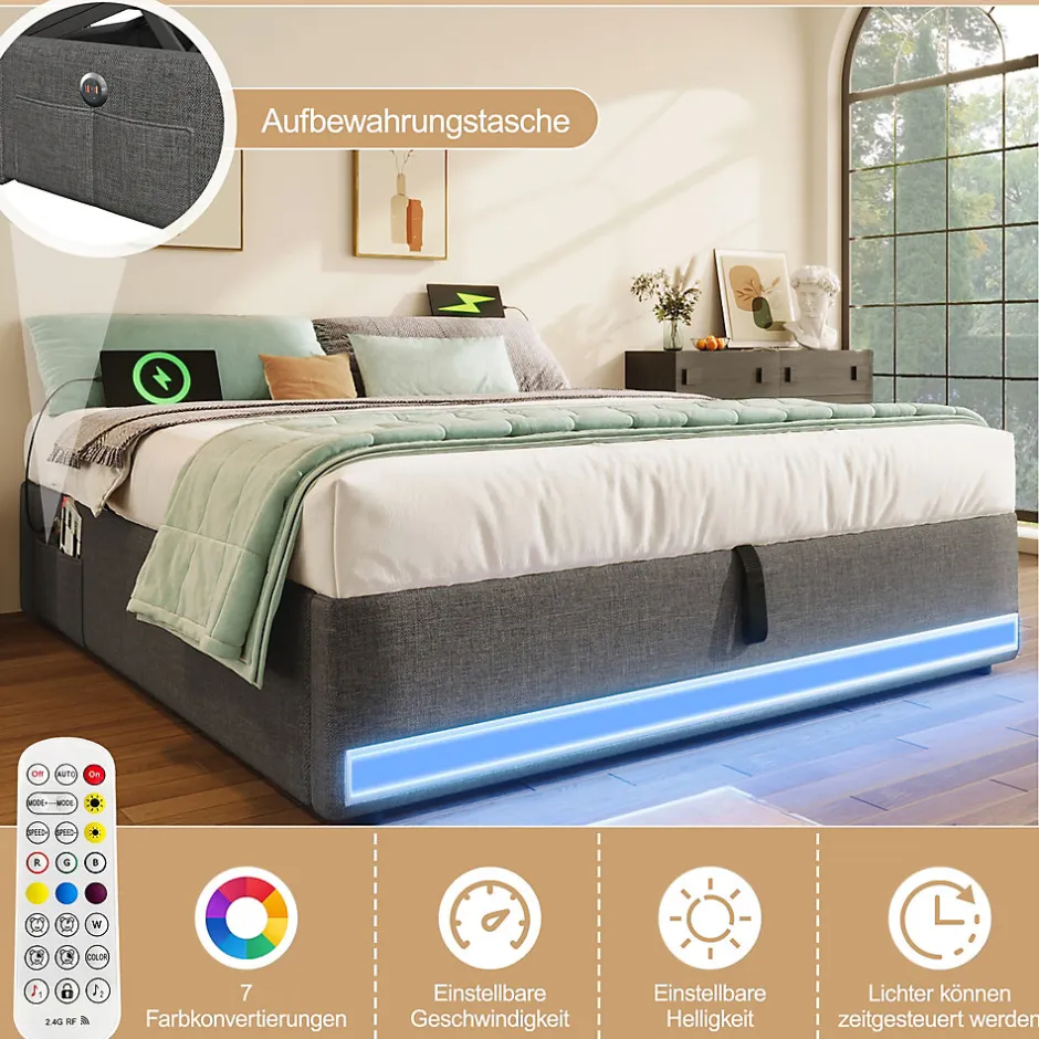 Okwish Lit Coffre 140x200 cm, Lit Double Ado avec LED et Ports USB Type-C, Structure MDF et Revêtement Lin, Sans Matelas - Beige