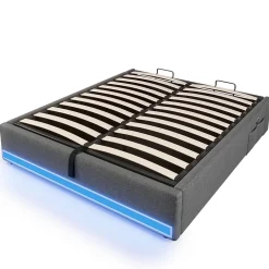 Okwish Lit Coffre 140x200 cm, Lit Double Ado avec LED et Ports USB Type-C, Structure MDF et Revêtement Lin, Sans Matelas - Beige