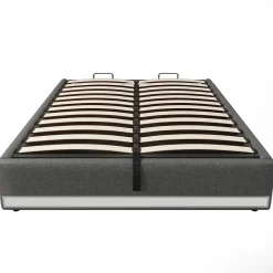 Okwish Lit Coffre 140x200 cm, Lit Double Ado avec LED et Ports USB Type-C, Structure MDF et Revêtement Lin, Sans Matelas - Beige