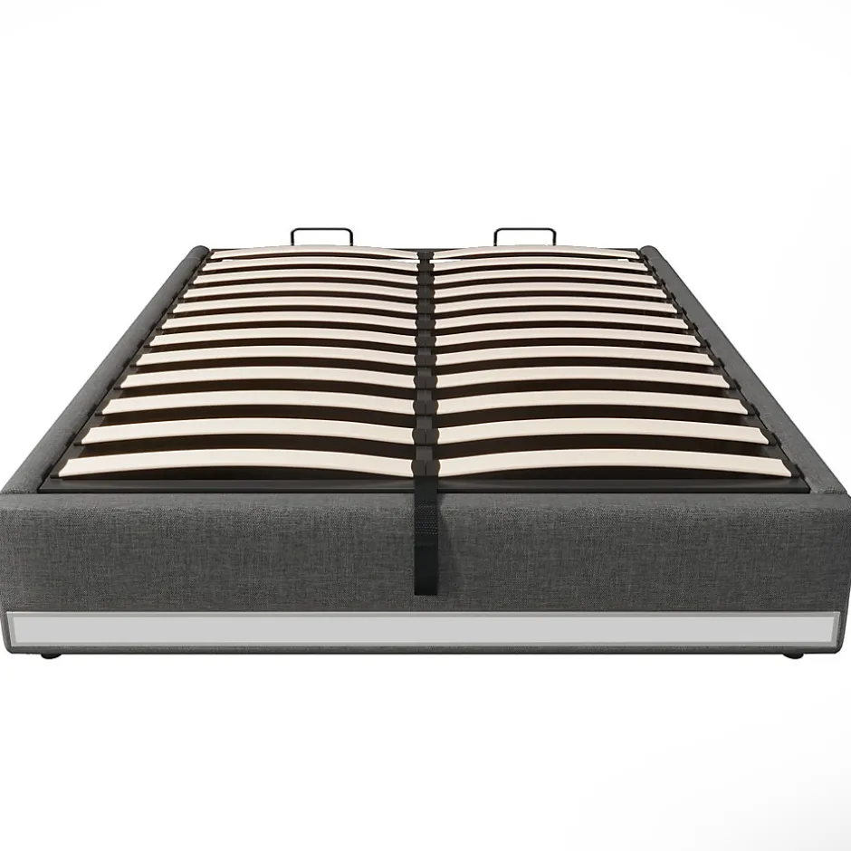 Okwish Lit Coffre 140x200 cm, Lit Double Ado avec LED et Ports USB Type-C, Structure MDF et Revêtement Lin, Sans Matelas - Beige