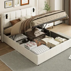 ProximaX Lit coffre 160x200 cm, Lit double avec rangement et sommier à lattes, tissu en velours, lumière de lecture, Beige