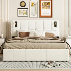 ProximaX Lit coffre 160x200 cm, Lit double avec rangement et sommier à lattes, tissu en velours, lumière de lecture, Beige