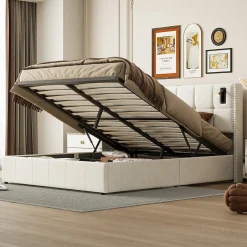 ProximaX Lit coffre 160x200 cm, Lit double avec rangement et sommier à lattes, tissu en velours, lumière de lecture, Beige