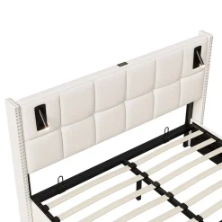 ProximaX Lit coffre 160x200 cm, Lit double avec rangement et sommier à lattes, tissu en velours, lumière de lecture, Beige