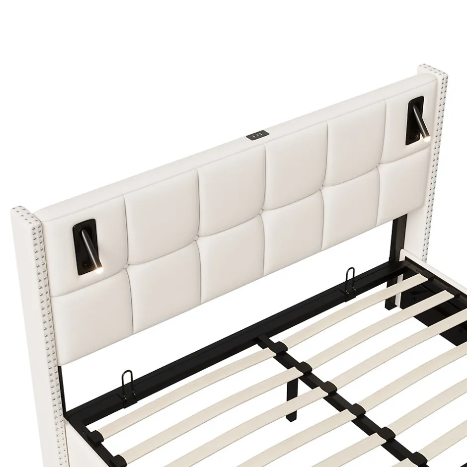 ProximaX Lit coffre 160x200 cm, Lit double avec rangement et sommier à lattes, tissu en velours, lumière de lecture, Beige