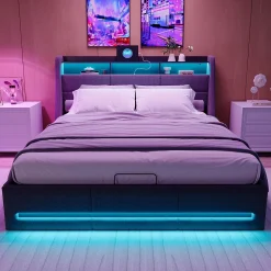 ProximaX Lit coffre 140x200 cm, Lit rembourré avec rangement hydraulique, LED multicolore, tête de lit avec USB, Gris Discount