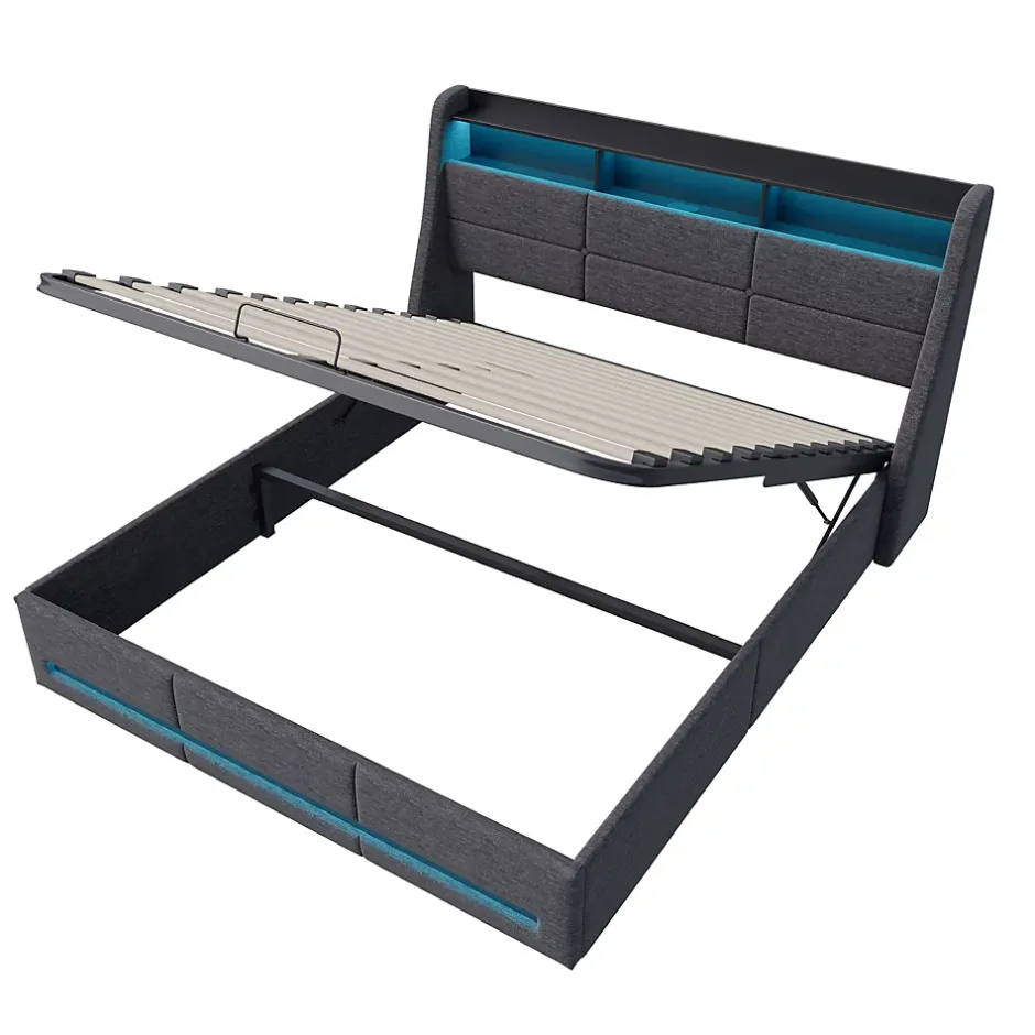 ProximaX Lit coffre 140x200 cm, Lit rembourré avec rangement hydraulique, LED multicolore, tête de lit avec USB, Gris Discount
