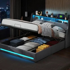 ProximaX Lit coffre 140x190 cm, Lit rembourré avec rangement hydraulique, LED et USB, tête de lit avec prise, Gris Hot