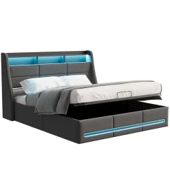 ProximaX Lit coffre 140x190 cm, Lit rembourré avec rangement hydraulique, LED et USB, tête de lit avec prise, Gris Hot