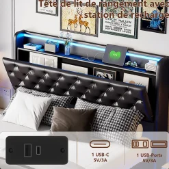 Simple Life Lit Coffre 160x200 cm PU Noir, LED, Charge USB, Rembourré, Rangement, Sommier à Lattes, Cadre, 2 Personnes Discount