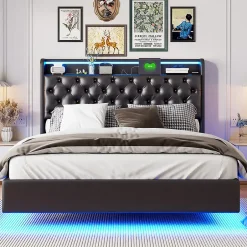 Simple Life Lit Coffre 160x200 cm PU Noir, LED, Charge USB, Rembourré, Rangement, Sommier à Lattes, Cadre, 2 Personnes Discount