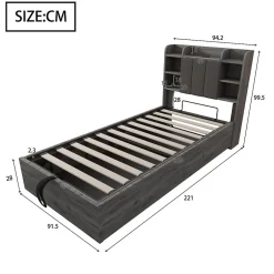 Okwish Lit Coffre 90x200 cm Simple avec Ports USB et Type-C Intégrés, Rangement Fonctionnel en Bois - Sans Matelas - Gris