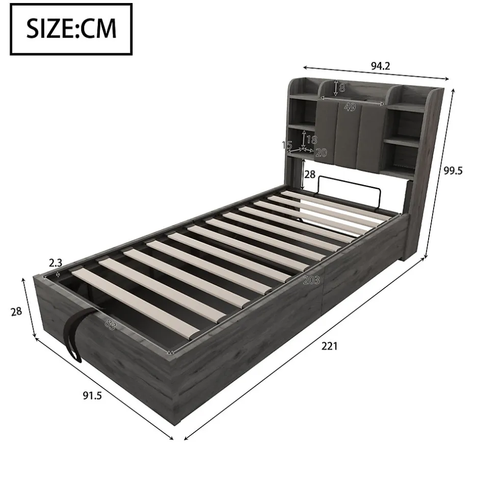 Okwish Lit Coffre 90x200 cm Simple avec Ports USB et Type-C Intégrés, Rangement Fonctionnel en Bois - Sans Matelas - Gris