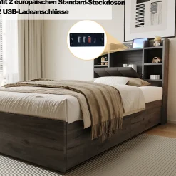 Okwish Lit Coffre 90x200 cm Simple avec Ports USB et Type-C Intégrés, Rangement Fonctionnel en Bois - Sans Matelas - Gris