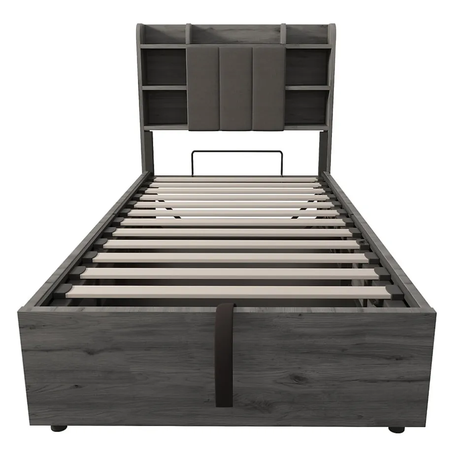 Okwish Lit Coffre 90x200 cm Simple avec Ports USB et Type-C Intégrés, Rangement Fonctionnel en Bois - Sans Matelas - Gris