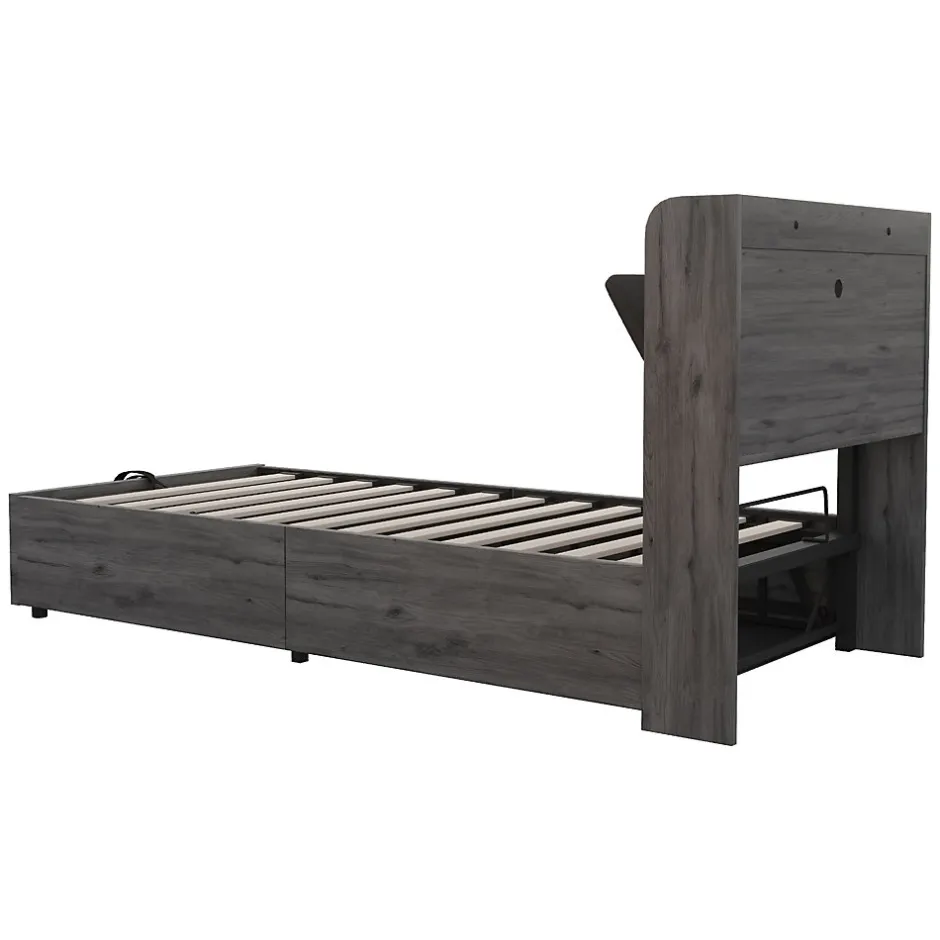 Okwish Lit Coffre 90x200 cm Simple avec Ports USB et Type-C Intégrés, Rangement Fonctionnel en Bois - Sans Matelas - Gris