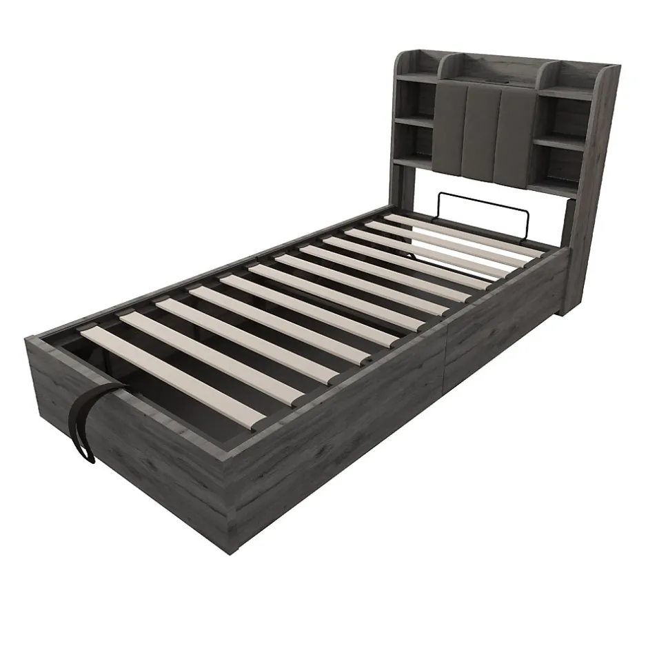 Okwish Lit Coffre 90x200 cm Simple avec Ports USB et Type-C Intégrés, Rangement Fonctionnel en Bois - Sans Matelas - Gris