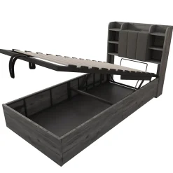 Okwish Lit Coffre 90x200 cm Simple avec Ports USB et Type-C Intégrés, Rangement Fonctionnel en Bois - Sans Matelas - Gris