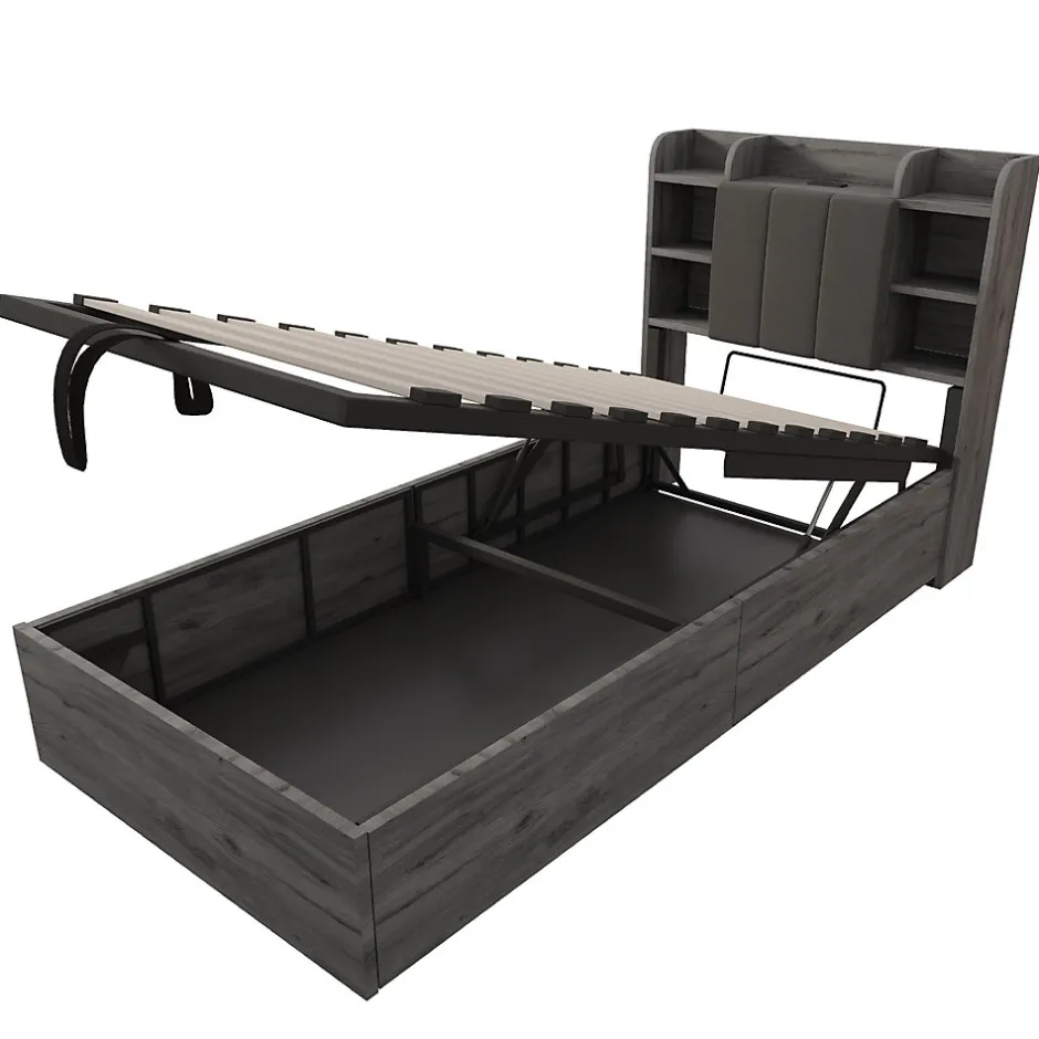 Okwish Lit Coffre 90x200 cm Simple avec Ports USB et Type-C Intégrés, Rangement Fonctionnel en Bois - Sans Matelas - Gris