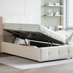 Okwish Lit Coffre 90x200 cm Simple Capitonné avec Coffre Hydraulique et Rangement, Lit Velours Beige avec Sommier à Lattes