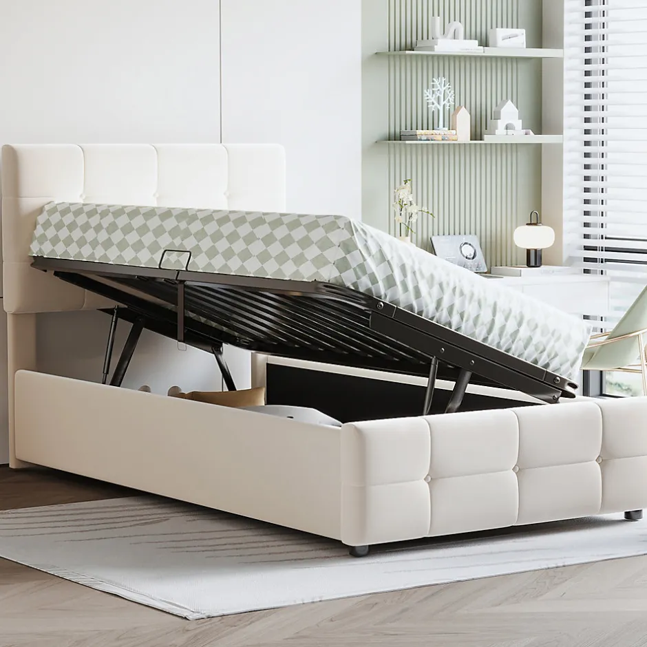 Okwish Lit Coffre 90x200 cm Simple Capitonné avec Coffre Hydraulique et Rangement, Lit Velours Beige avec Sommier à Lattes