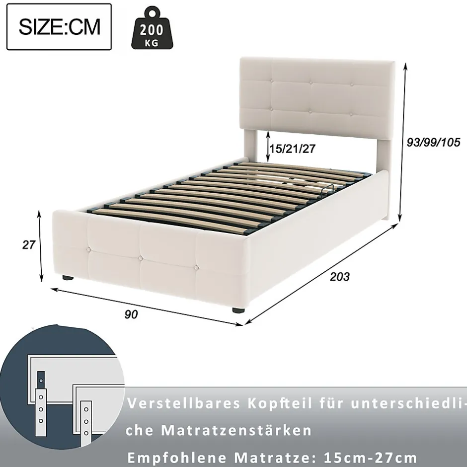 Okwish Lit Coffre 90x200 cm Simple Capitonné avec Coffre Hydraulique et Rangement, Lit Velours Beige avec Sommier à Lattes