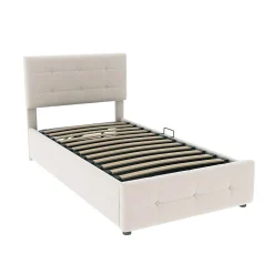 Okwish Lit Coffre 90x200 cm Simple Capitonné avec Coffre Hydraulique et Rangement, Lit Velours Beige avec Sommier à Lattes