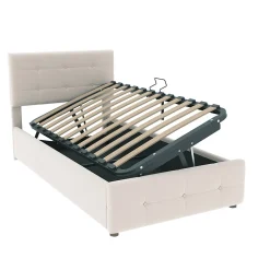 Okwish Lit Coffre 90x200 cm Simple Capitonné avec Coffre Hydraulique et Rangement, Lit Velours Beige avec Sommier à Lattes