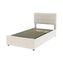 Okwish Lit Coffre 90x200 cm Simple Capitonné avec Coffre Hydraulique et Rangement, Lit Velours Beige avec Sommier à Lattes