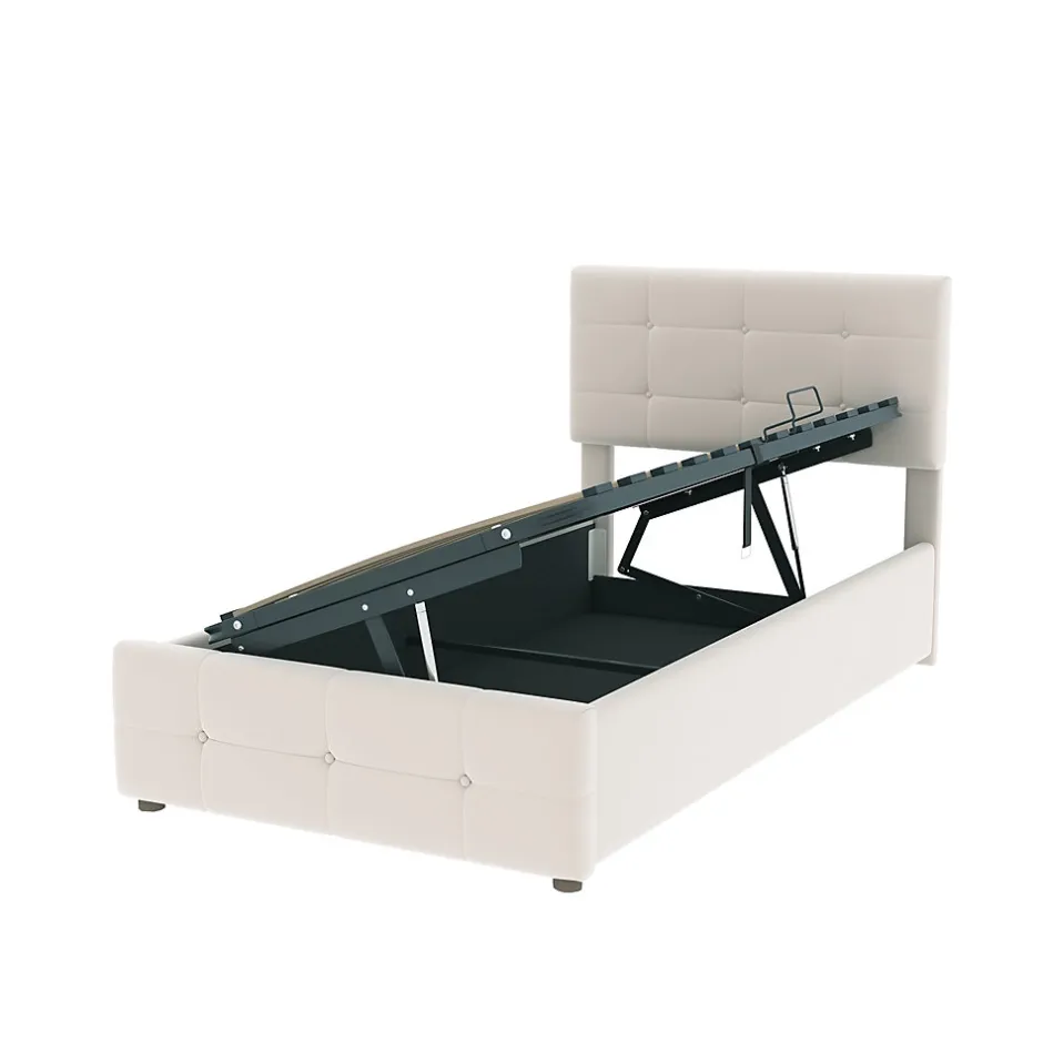 Okwish Lit Coffre 90x200 cm Simple Capitonné avec Coffre Hydraulique et Rangement, Lit Velours Beige avec Sommier à Lattes