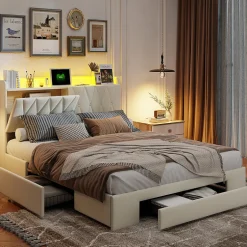Simple Life Lit coffre 140x190 cm, sommier, tiroirs, tête de lit rembourrée, LED, USB/Type-C, velours beige (2 personnes).