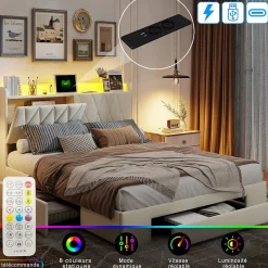 Simple Life Lit coffre 140x190 cm, sommier, tiroirs, tête de lit rembourrée, LED, USB/Type-C, velours beige (2 personnes).